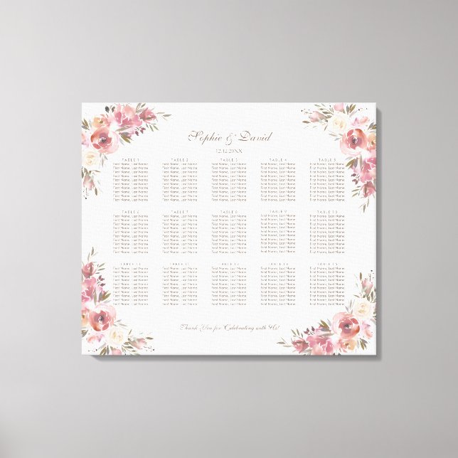 Chic Crest Peach Peonies Pink Seating Chart Canvas Print (Front)
