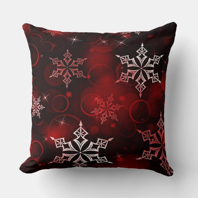 Chic Crimson Red Snowflake Motif Cushion (Front)