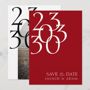 Chic Crimson Red White Minimal Photo Wedding Save The Date