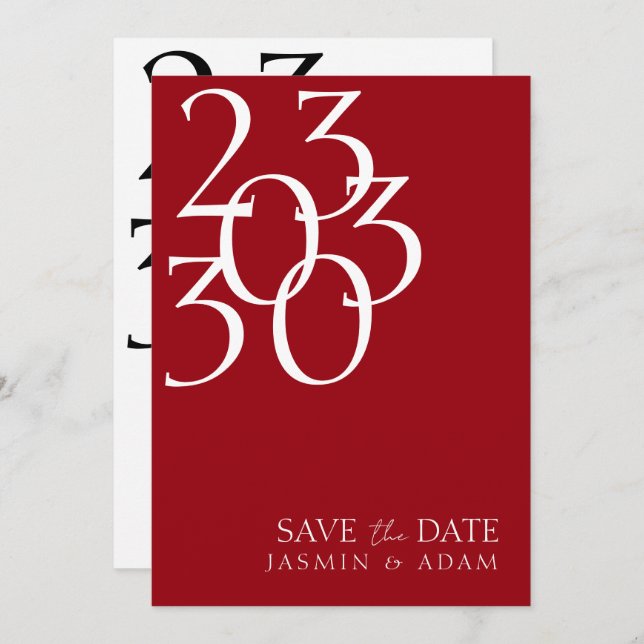 Chic Crimson Red White Minimal Typography Wedding Save The Date (Front/Back)