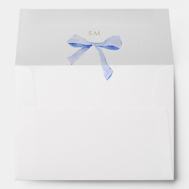 Chic Crisp White & Blue Ribbon Wedding Envelope (Back (Bottom))