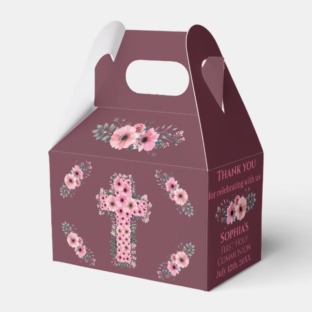 Chic Cross First Holy Communion Girl Pink Flower Favour Box (Front Side)
