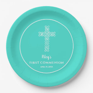 Chic Cross on Turquoise First Communion Paper Plate