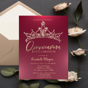 Chic Crown Burgundy Quinceañera  Invitation