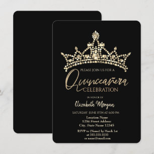 Chic Crown Confetti Black Quinceañera Invitation