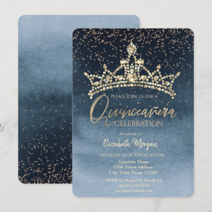 Chic Crown Confetti Navy Blue Quinceañera  Invitation