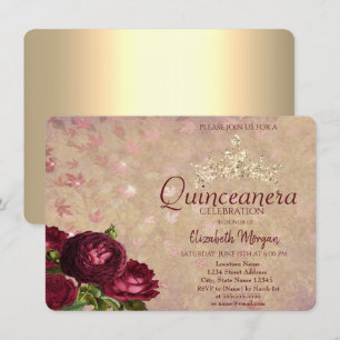 Chic Crown Red Roses Quinceañera    Invitation