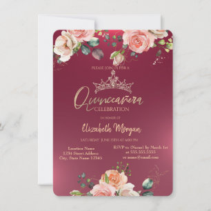 Chic Crown Roses Burgundy Quinceañera  Invitation
