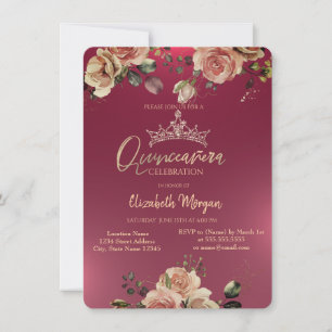 Chic Crown Vintage Roses Burgundy Quinceañera  Invitation
