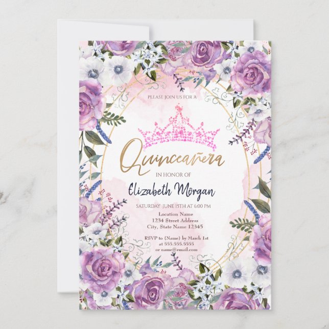 Chic Crown Violet Flowers Quinceanera Invitation (Front)
