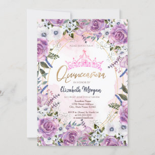 Chic Crown Violet Flowers Quinceanera Invitation