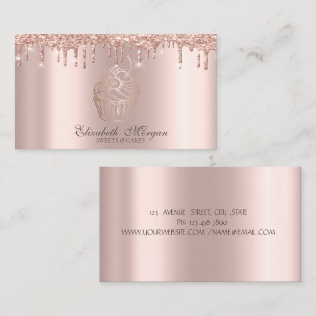 Chic Cupcake Rose Gold Drips Bakery Business Card (Front/Back)