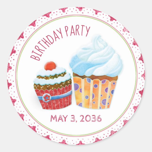Chic Cupcakes Birthday Party Favour Classic Round Sticker (Front)