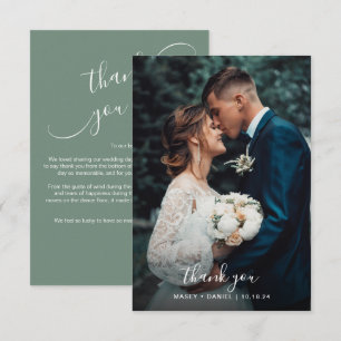 Chic Cursive Calligraphy Sage Green Photo Wedding Thank You Card