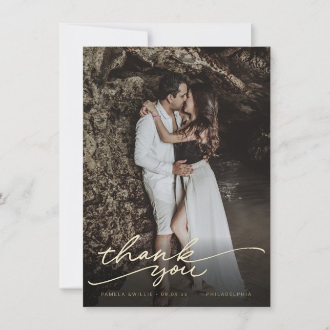 Chic Cursive Handwriting Wedding Photo Thank You Card (Front)