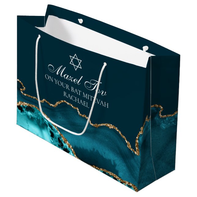 Chic Custom Bat Mitzvah Mazel Tov Teal Gold Large Gift Bag (Front Angled)