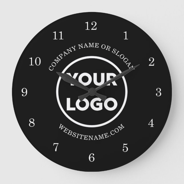 Chic Custom Business Logo and Text on Black Large Clock (Front)
