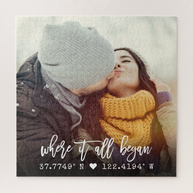 Chic Custom Coordinates Brush Script Photo Jigsaw Puzzle (Vertical)