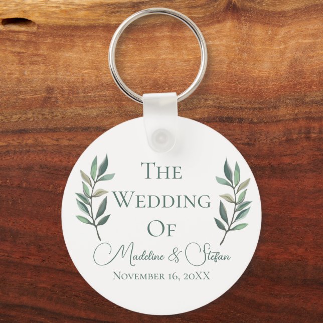 Chic Custom Eucalyptus Leaves Botanical Wedding Key Ring (Front)