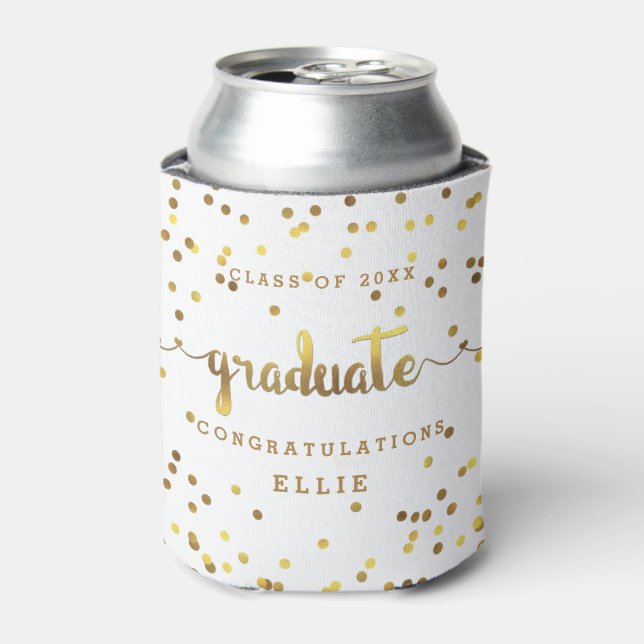 Chic Custom Faux Gold Foil Confetti Graduate Can Cooler (Can Front)