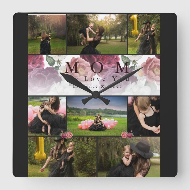 Chic Custom Floral Family and Mother Photo Collage Square Wall Clock (Front)