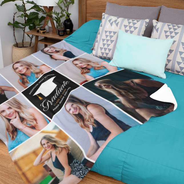 Chic Custom Graduation Photo Collage 2024 Graduate Fleece Blanket (Creator Uploaded)