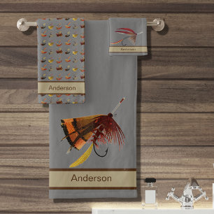 Chic Custom Grey Tan Fly Fishing Flies Coastal Bath Towel Set