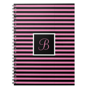 Chic Custom Initial Letter Pink and Black Striped Notebook