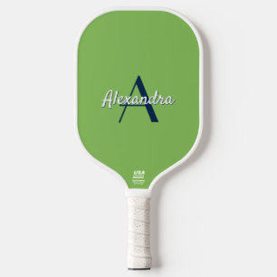 Chic Custom Monogram Preppy Green Navy Name Pickleball Paddle
