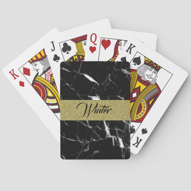 Chic custom name black marble and gold playing cards (Back)