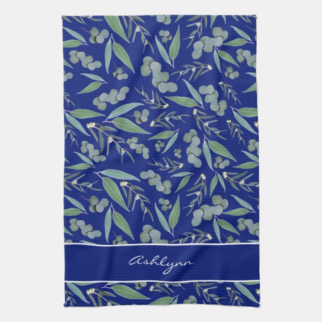Chic Custom Navy Blue Eucalyptus Greenery Pattern Tea Towel (Vertical)