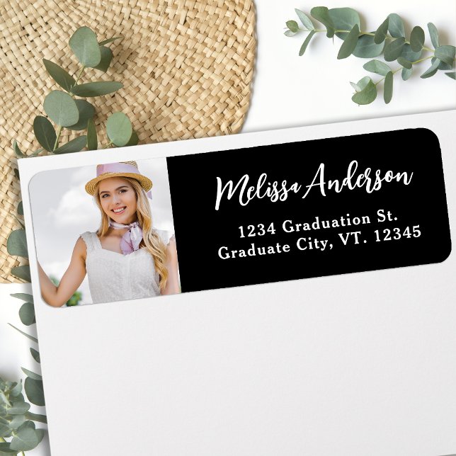 Chic Custom Photo Black Graduation Return Address (Creator Uploaded)