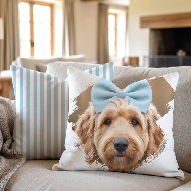 Chic Custom Photo Paint Brushstroke Dog Blue Cushion (Creator Uploaded)