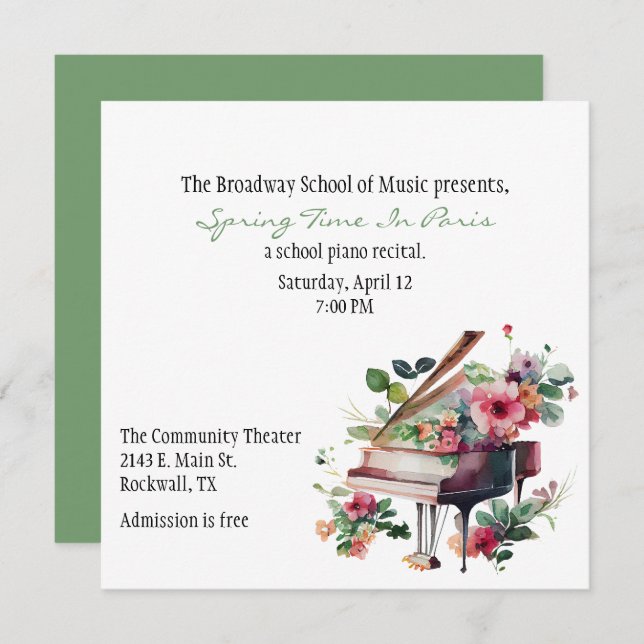 Chic Custom Piano Recital Invitation (Front/Back)