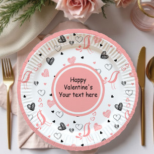 Chic Custom Pink Black Hearts Hand Drawn Valentine Paper Plate