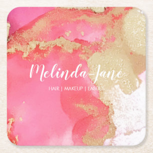 Chic Custom Pink Gold Watercolor Blot Square Paper Coaster