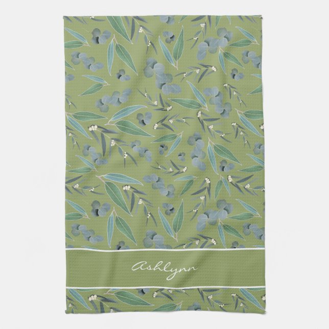 Chic Custom Sage Green Eucalyptus Pattern Tea Towel (Vertical)