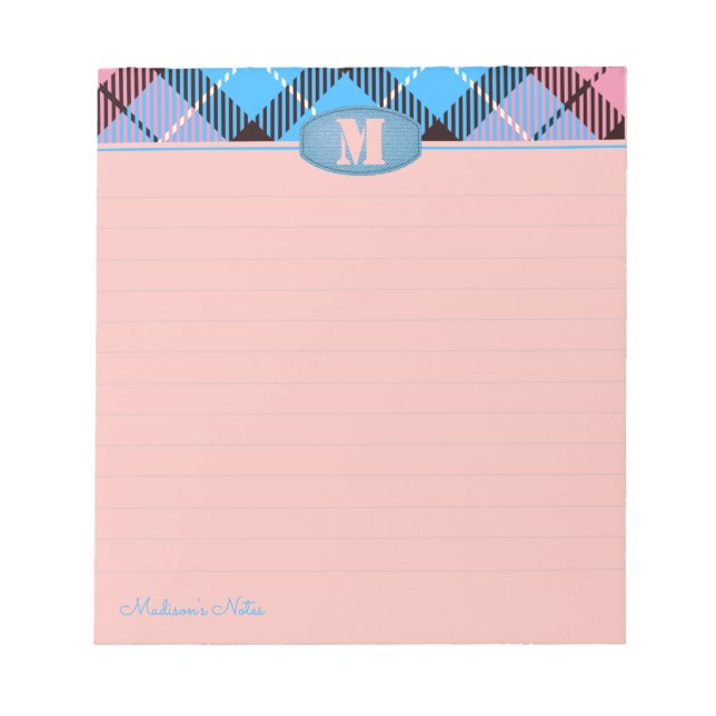 Chic Custom Script Monogram Plaid Jeans Pink Lined Notepad (Front)