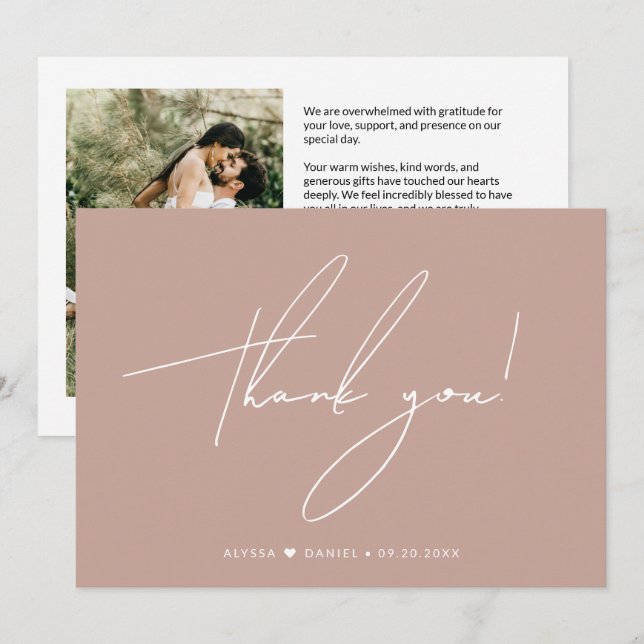 Chic Custom Wedding photo Blush Pink  Thank You Card (Front/Back)