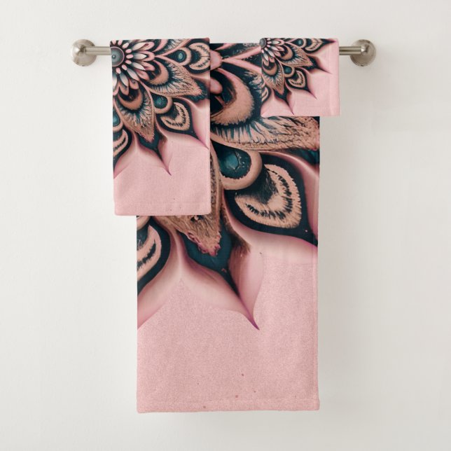 Chic Customised Rose Gold Glitter Mandala Yoga Bath Towel Set (Insitu)