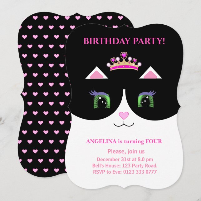 Chic Cute Black Pink White Tuxedo Cat Invitation (Front/Back)
