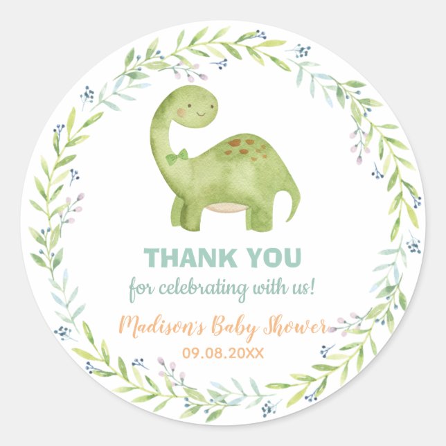 Chic Cute Dinosaur Brontosaurus Boy Baby Shower  Classic Round Sticker (Front)