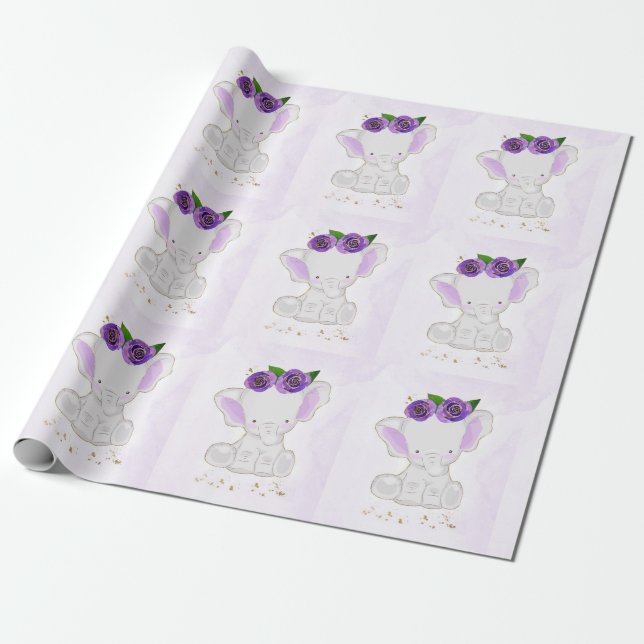 Chic Cute Elephant Purple Gold Flowers Wrapping Paper (Unrolled)
