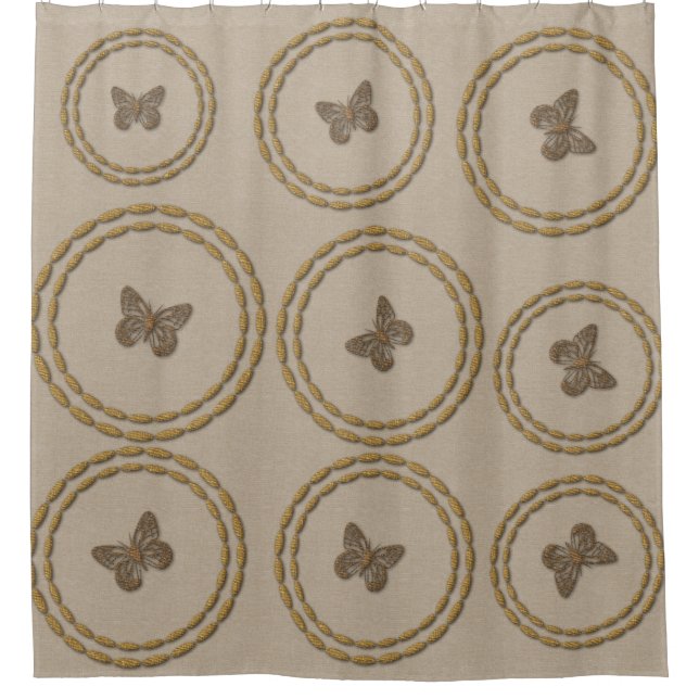 Chic Cute Gold Butterfly Linen Look Shower Curtain (Front)