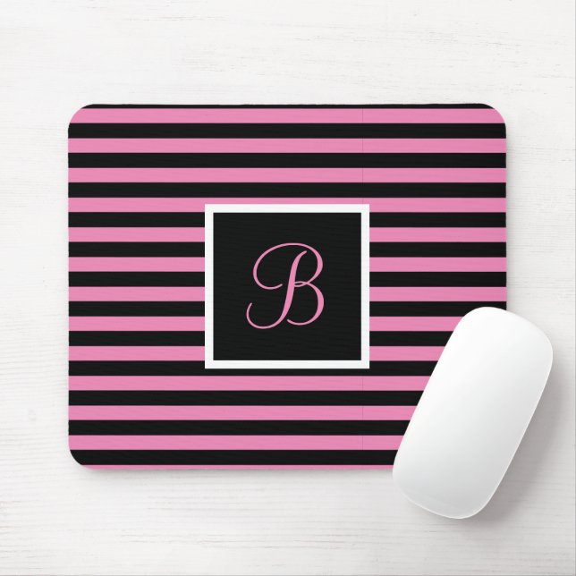 Chic Cute Initial Letter Pink and Black Striped Mouse Mat (With Mouse)