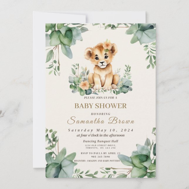 Chic Cute Lioness Cub & Greenery Girl Baby Shover Invitation (Front)