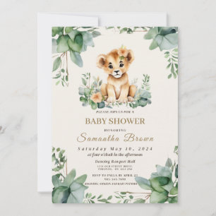 Chic Cute Lioness Cub & Greenery Girl Baby Shover Invitation