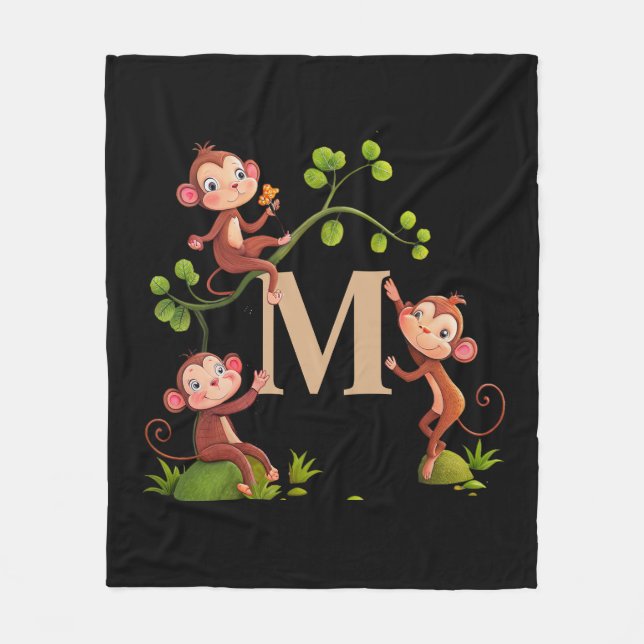 Chic Cute Monkeys, Golden Monogram on Black Fleece Blanket (Front)