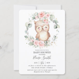 Chic Cute Owl Pink Floral Greenery Baby Shower Invitation