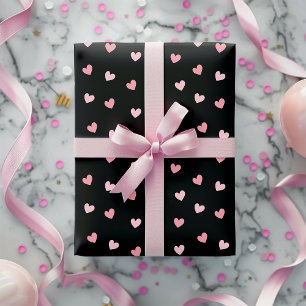 Chic Cute Pink Hearts Black Romantic Wrapping Paper
